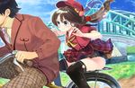  1girl bicycle black_hair black_legwear blazer blue_eyes blue_sky blush bow bridge brown_hair buttons cloud day flower furukawa_itsuse grass ground_vehicle hair_between_eyes hair_flower hair_ornament hat head_out_of_frame heart_cutout hetero jacket long_hair long_sleeves looking_at_another low_twintails multiple_riders nail_polish necktie nervous original outdoors panties pants pantyshot pantyshot_(sitting) plaid plaid_pants plaid_skirt red_footwear ribbon riding riverbank sailor_collar school_uniform shirt shoes short_sleeves sitting skirt sky suspender_skirt suspenders sweatdrop thighhighs twintails underwear upskirt water white_panties window yellow_bow yellow_ribbon yellow_shirt 