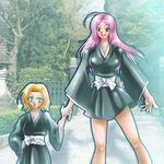  2girls age_switch bleach blush body_swap bodyswap breasts cleavage kusajishi_yachiru matsumoto_rangiku multiple_girls older personality_switch smile younger 