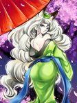  animal_ears ass back bare_shoulders cherry_blossoms curly_hair eyeshadow fox_ears grey_hair gumeaw japanese_clothes kimono leaf leaf_on_head long_hair looking_back makeup oboro_muramasa off_shoulder oriental_umbrella signature solo umbrella very_long_hair yuzuruha 