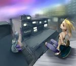  bad_id bad_pixiv_id bikini_top blonde_hair building cellphone cityscape denim hood hoodie long_hair multiple_girls original phone red_eyes silver_hair sitting yama 