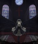  bad_id bad_pixiv_id bow church cross crossed_legs curtsey dress flower gothic_lolita hair_ornament hairband highres lolita_fashion long_hair ribbon rose rozen_maiden silver_hair solo stained_glass suigintou watson_cross wings 