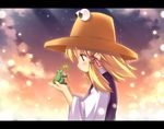  blonde_hair clover fireflies four-leaf_clover frog hair_ribbon hat letterboxed moriya_suwako munyuu profile purple_eyes ribbon solo touhou wide_sleeves 