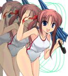  331(sasai bad_id bad_pixiv_id brown_hair closed_umbrella leaning_forward long_hair one-piece_swimsuit original solo swimsuit twintails umbrella zoom_layer 