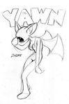  animal_ears artist_request bat_ears bat_girl bat_wings breasts character_name english fangs full_body furrification furry gen_1_pokemon graphite_(medium) greyscale lowres medium_breasts monochrome no_eyes open_mouth pokemon simple_background solo traditional_media wings yawning zubat 