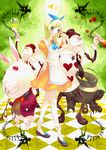  alice_(wonderland) alice_in_wonderland apron bad_id bad_pixiv_id blonde_hair blue_eyes bunny card card_creature cauldron dress hair_ribbon hat heart ribbon shirousagi top_hat white_rabbit 