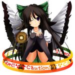  blush bow brown_hair foreshortening green_bow hair_bow highres knees_touching long_hair masa_(miyabitei) one_eye_closed purple_hair reiuji_utsuho sitting smile solo squatting thighhighs touhou transparent_background very_long_hair wings 