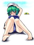  bad_id bad_pixiv_id banana_peel barefoot blush feet foreshortening green_hair murasa_minamitsu one-piece_swimsuit one_eye_closed r0g0b0 school_swimsuit sketch solo swimsuit tears touhou 