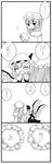  4koma :d ^_^ bad_id bad_pixiv_id bangs blunt_bangs book bow chibi closed_eyes comic flandre_scarlet greyscale happy hat hat_bow hime_cut holding holding_book holding_hands long_hair low-tied_long_hair monochrome multiple_girls open_book open_mouth patchouli_knowledge sakura_(doors) side_ponytail smile touhou translated very_long_hair wings 