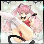  animal_ears ass bell blue_eyes bow breasts cat_ears cleavage fingerless_gloves gloves hitowa kneepits large_breasts legs long_legs original pink_hair solo striped striped_legwear tail thighhighs thighs twintails undressing 