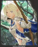  aiming archery arrow blonde_hair blue_eyes bow_(weapon) breasts dated drawing_bow dutch_angle elf elf_(lineage_2) gloves highres holding holding_arrow holding_bow_(weapon) holding_weapon lineage lineage_2 long_hair medium_breasts outstretched_arm pointy_ears sideboob signature solo waenaglariel weapon 