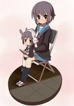  bad_id bad_pixiv_id brown_eyes bunny_headphones cardigan chair chibi computer dual_persona faux_figurine glasses grey_hair hajime_(hajime-ill-1st) headphones kita_high_school_uniform laptop minigirl multiple_girls nagato_yuki school_uniform serafuku short_hair sitting sitting_on_lap sitting_on_person suzumiya_haruhi-chan_no_yuuutsu suzumiya_haruhi_no_yuuutsu 