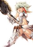  absurdres akika axe barioth_(armor) highres legs monster_hunter navel open_mouth panties solo underwear weapon white_panties yellow_eyes 