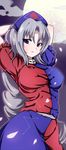  arms_behind_back arms_up blue_eyes braid breasts full_moon grey_hair hat large_breasts long_hair moon nikka_(cryptomeria) nurse_cap solo touhou yagokoro_eirin 