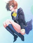  aqua_eyes blazer blue_skirt bow brown_hair jacket kneehighs nakaharaka plaid school_uniform short_hair skirt socks solo tokimeki_memorial tokimeki_memorial_4 yanagi_fumiko 