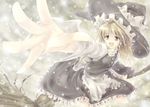  apron bad_id bad_pixiv_id blonde_hair bow broom dress fingernails flying foreshortening hair_bow hands hat hat_ribbon itsutsuki kirisame_marisa knees legs long_hair long_sleeves open_mouth outstretched_arm outstretched_hand reaching ribbon sad sepia_background solo tears touhou turtleneck white witch_hat yellow_eyes 