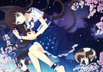  animal_ears ankle_garter bad_id bad_pixiv_id barefoot bell blue_eyes brown_hair cat cat_ears cat_tail cherry_blossoms dress floral_print jingle_bell long_hair lying nyanya on_side original petals petticoat ribbon ripples solo tail 