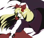  bat_wings blonde_hair elis_(touhou) empty_eyes facial_mark flower hair_ornament hair_ribbon long_hair long_sleeves looking_back no_nose pointy_ears purple_eyes ribbon serene_(gusarme) simple_background skirt slit_pupils smile solo touhou touhou_(pc-98) vest wind wings 