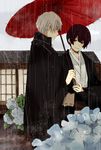  axis_powers_hetalia bad_id bad_pixiv_id brown_hair flower grey_hair highres hydrangea japan_(hetalia) japanese_clothes male_focus multiple_boys rain simekirikowai united_kingdom_(hetalia) 