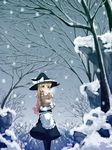  blonde_hair braid breath dress hair_ribbon hat highres kirisame_marisa pantyhose ribbon shawl short_hair shouji_ayumu sky snow solo touhou tree witch_hat yellow_eyes 