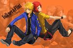  afro back-to-back bad_id bad_pixiv_id blonde_hair denji_(pokemon) english hand_in_pocket jacket looking_back male_focus multiple_boys obo ooba_(pokemon) pokemon pokemon_(game) pokemon_dppt red_hair sitting thumbs_up wallpaper zoom_layer 