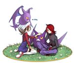  1girl bad_id bad_pixiv_id blush brown_hair crobat dual_persona gen_2_pokemon hat kotone_(pokemon) obo overalls petting pokemon pokemon_(creature) pokemon_(game) pokemon_hgss red_eyes red_hair silver_(pokemon) sitting smile thighhighs wariza 