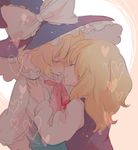  alice_margatroid back blonde_hair closed_eyes hat heart holding imminent_kiss kirisame_marisa long_sleeves machiko_(beard) multiple_girls ribbon smile touhou witch_hat yuri 