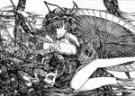  alcohol antediluvian bad_id bad_pixiv_id bare_shoulders breasts cleavage cup gap greyscale large_breasts legs monochrome off_shoulder oriental_umbrella sakazuki sake solo touhou traditional_media umbrella yakumo_yukari 