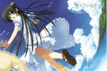  bird black_hair cloud day dress dutch_angle flower from_behind green_eyes hair_flower hair_ornament hat hat_removed headwear_removed highres kobuichi kousaka_chihaya long_hair looking_back natsuzora_kanata notebook official_art outstretched_arms sandals seagull sky solo splashing spread_arms straw_hat water 