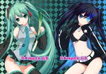  aqua_nails bad_id bad_pixiv_id bikini_top black_hair black_rock_shooter black_rock_shooter_(character) blue_eyes burning_eye coat detached_sleeves green_eyes green_hair hatsune_miku headset long_hair midriff multiple_girls nail_polish navel necktie panties pantyshot ribbon shirahane_nao shorts spring_onion striped striped_panties thighhighs twintails underwear very_long_hair vocaloid 