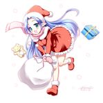  aqua_eyes blue_eyes blue_hair blush boots christmas fang gift hat long_hair miniskirt mittens open_mouth original pikazo pink_scarf pointy_ears sack santa_costume santa_hat scarf simple_background skirt smile snow solo standing standing_on_one_leg stuffed_animal stuffed_toy upskirt v_arms 