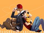  ^_^ arm_at_side back-to-back bad_id bad_pixiv_id baseball_cap black_hair black_jacket blue_pants borrowed_garments breast_pocket brown_hair brown_pants character_name closed_eyes copyright_name eevee from_side gen_1_pokemon green_eyes hand_on_headwear hat heart heart_background heart_of_string hood jacket knees_up leaning_back leaning_on_person long_sleeves looking_at_viewer male_focus multiple_boys obo ookido_green orange_background outline pants pikachu pixiv_red pocket pokemon pokemon_(creature) pokemon_(game) pokemon_hgss profile red_(pokemon) red_eyes red_footwear red_hat shoes sitting smile white_outline wristband 