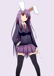  akino_sora animal_ears black_legwear blazer bullet bunny_ears hand_on_hip highres jacket long_hair necktie purple_hair red_eyes red_neckwear reisen_udongein_inaba simple_background skirt solo thighhighs touhou zettai_ryouiki 