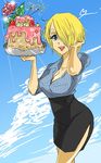  bad_id bad_pixiv_id black_dress blonde_hair blue_background blue_eyes breasts cake cleavage day dress flower food genderswap genderswap_(mtf) hair_over_one_eye high-waist_skirt large_breasts lipstick makeup one_piece open_mouth pastry sanji shirt short_hair skirt sky smile tray yuhu 