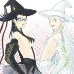  2girls bayonetta bayonetta_(character) black_hair earrings elbow_gloves estrela eyeshadow female glasses gloves hat jeanne_(bayonetta) jewelry long_hair lowres makeup miniskirt multiple_girls nasu_(roda_de_estrela) red_ribbon ribbon skirt white_hair wink witch_hat 