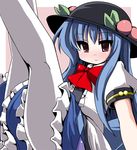  blue_hair blush fa_no_hito food fruit hat hinanawi_tenshi legs legs_up long_hair pantyhose peach red_eyes smile solo touhou white_legwear 