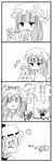  &gt;_&lt; 2girls 4koma :d ? ^_^ bad_id bad_pixiv_id bangs blunt_bangs blush book bow chibi closed_eyes comic crescent dress flandre_scarlet gloom_(expression) greyscale hat hat_bow hime_cut holding holding_book house_of_cards long_hair long_sleeves low-tied_long_hair lying monochrome multiple_girls o_o on_side open_book open_mouth patchouli_knowledge reading sakura_(doors) short_hair sidelocks smile touhou translated trembling very_long_hair wide_sleeves wings xd 