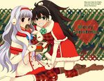  bad_id bad_pixiv_id black_hair blue_eyes boots capelet christmas doughnut earmuffs elbow_gloves food ganaha_hibiki gloves idolmaster idolmaster_(classic) long_hair looking_at_viewer masaki_(celesta) mittens multiple_girls pantyhose ponytail red_eyes santa_costume shijou_takane silver_hair thighhighs zettai_ryouiki 