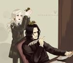  1girl anger_vein animal animal_on_head bird bird_on_hand bird_on_head black_hair food fruit furayu_(flayu) hair_ornament harry_potter long_hair luna_lovegood on_head pantyhose quill school_uniform severus_snape short_hair strawberry 