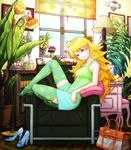  ahoge apple bad_id bad_pixiv_id bag blonde_hair book breasts cleavage flower food fruit grapes green_eyes high_heels highres hoshii_miki idolmaster idolmaster_(classic) long_hair mandarin_orange medium_breasts nonowa pear photo_(object) plant producer_(idolmaster) pumpkin radio shoes solo thighhighs yorimitsu zettai_ryouiki 