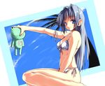  barefoot bikini blue_eyes blue_hair frog kanon keropii kneeling long_hair minase_nayuki nirap smile solo swimsuit translated 