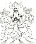  1_eye ambiguous_gender black_and_white fangs flora_fauna ghost gourgeist group hair hair_over_eye mon311 monochrome nintendo open_mouth phantump plant pok&eacute;mon pumpkaboo shadow size_difference smile spirit tree trevenant video_games 