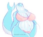  2014 anthro belly big_belly big_breasts bikini blue_skin blue_whale breasts cetacean chubby clothing female green_eyes hairless mammal marine overweight simple_background smile solo swimsuit thick_thighs weasselk whale white_background 