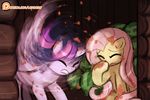  equine fluttershy_(mlp) foodfight friendship_is_magic fruit horn horse lumineko mammal my_little_pony pegasus pony shaking tomato twilight_sparkle_(mlp) winged_unicorn wings 