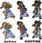  anthro backpack basket bindle black_hair buckteeth clothed clothing english_text facial_hair female fruit furseiseki_(artist) gopher group hair hat male mustache overalls pigtails red_hair smile teeth text 