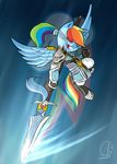  2015 armor bandanna blue_feathers equine feathers female friendship_is_magic hair mammal melee_weapon multicolored_hair my_little_pony pegasus phuocthiencreation polearm rainbow_dash_(mlp) rainbow_hair solo spear weapon wings 