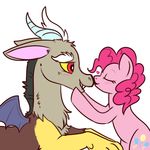  affection blush cute cutie_mark discord_(mlp) duo equine eyes_closed fangs female friendship_is_magic fur grey_fur hair happy horse kissing lulubellct male mammal my_little_pony pink_fur pink_hair pinkie_pie_(mlp) pony red_eyes side_view simple_background smile white_background yellow_sclera 