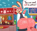  animal_crossing arcade blush butt clothed clothing cum cum_on_butt erection hicanyoumooforme isabelle_(animal_crossing) lagomorph male male/male mammal money nintendo nintendo_badge_arcade penis rabbit text video_games 