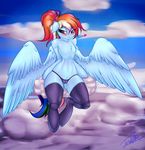  2015 anthro anthrofied blue_feathers blue_fur blush chest_tuft clothing cloud cloudscape elzzombie equine feathered_wings feathers female friendship_is_magic fur hair hi_res legwear mammal multicolored_hair my_little_pony on_cloud outside pegasus ponytail rainbow_dash_(mlp) sitting sky solo thigh_highs tuft underwear wings 