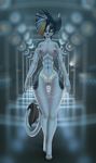  2015 amber_eyes anthro areola black_hair blonde_hair breasts cybernetics cyborg ear_piercing female front_view fur hair looking_at_viewer machine multicolored_fur nipple_piercing nipples nude piercing pussy sif solo white_hair wide_hips 