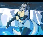  anthro big_breasts breasts clothed clothing dracojeff dragon female gloves grey_skin half-dressed horn huge_breasts legwear rubber solo stockings talash topless 